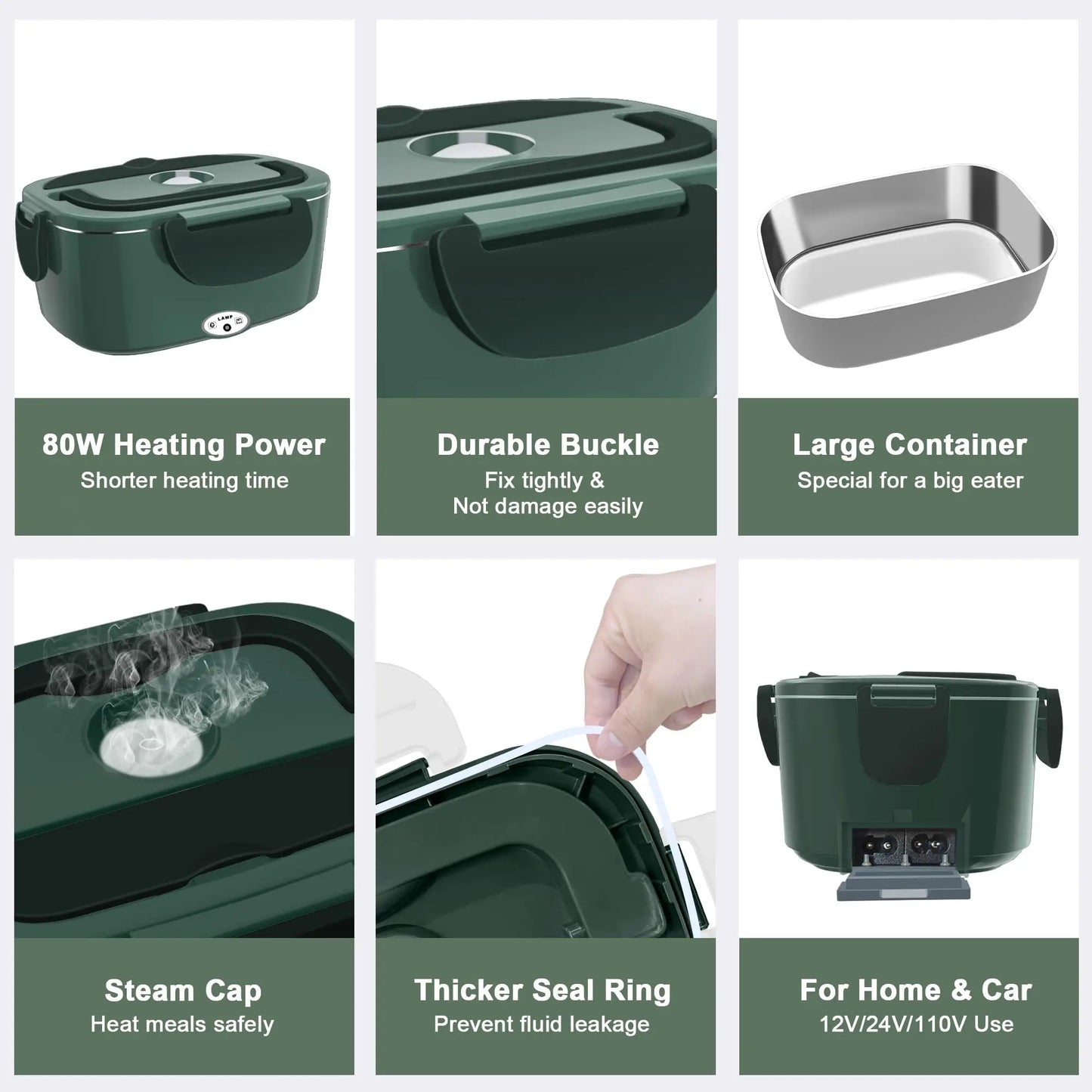 Portable Army Green Electric Lunch Box Stainless Steel Inner Pot Food-Grade PP Auto Feature for School Household Car Kids Dining