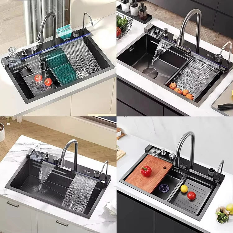 High Quality Modern Smart Multifunction Stainless Steel 304 Waterfall Sink Handmade Undermount Kitchen Counter Installation