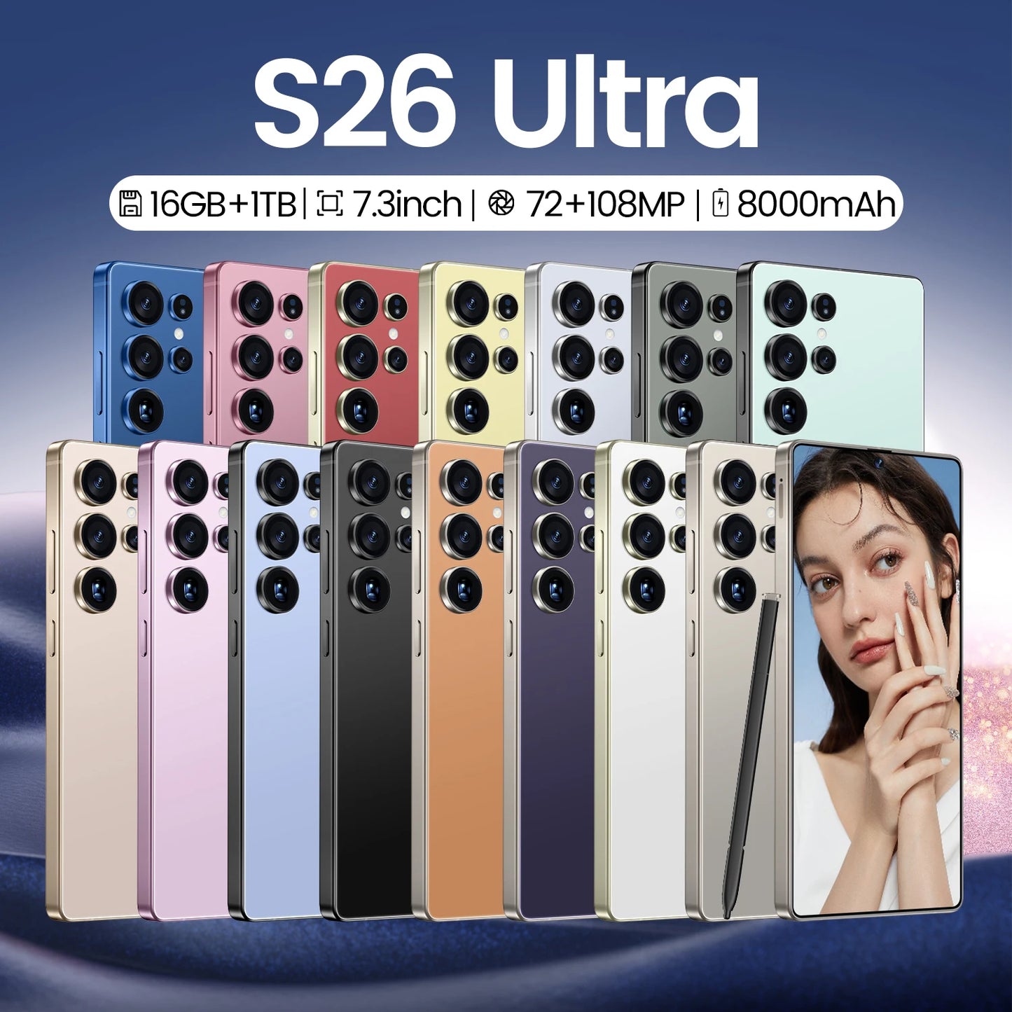 Hot Sale S26 Ultra 5G Smartphone 7.3 Inch Full HD Deca Core 16GB+1TB Memory Long Battery Life CDMA Face Unlock Wholesale Price