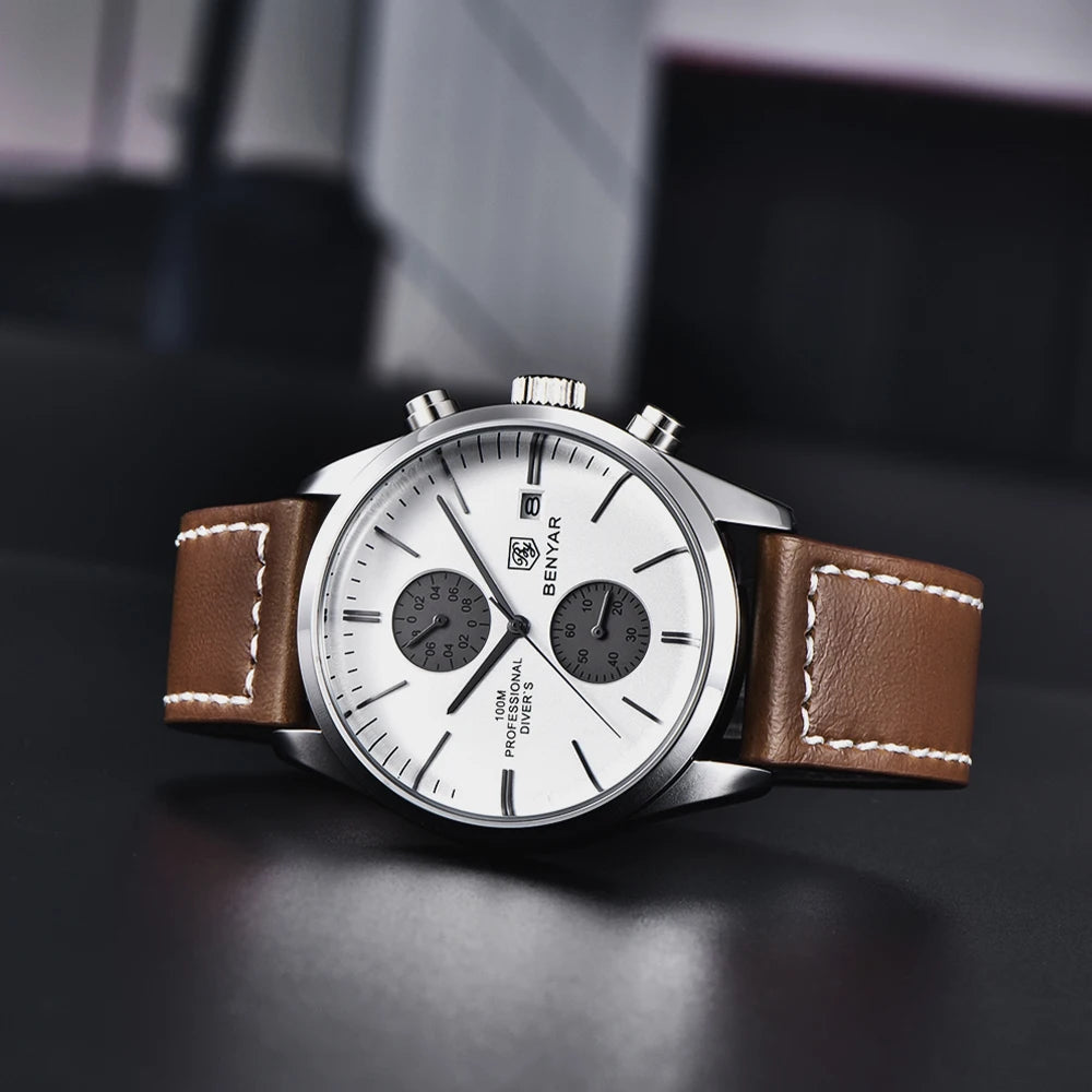2024 New BENYAR Leather Men Quartz Wristwatches Luxury Brand 100M Waterproof Men Watch Military Sports Chronograph Watch for Men