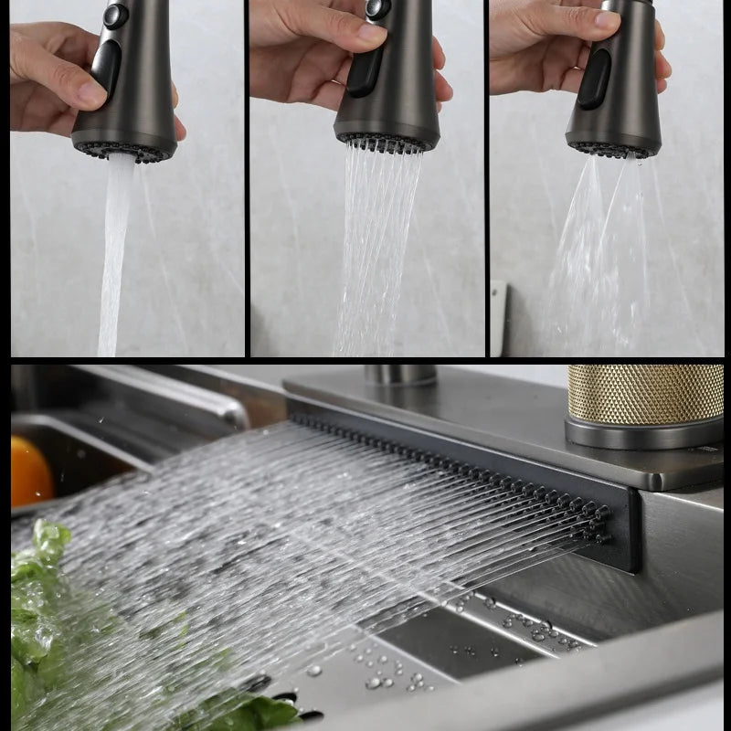Popular 304 Stainless Steel Sink Kitchen 6846 Multifunction Large Rectangular Waterfall Sinks with Faucet