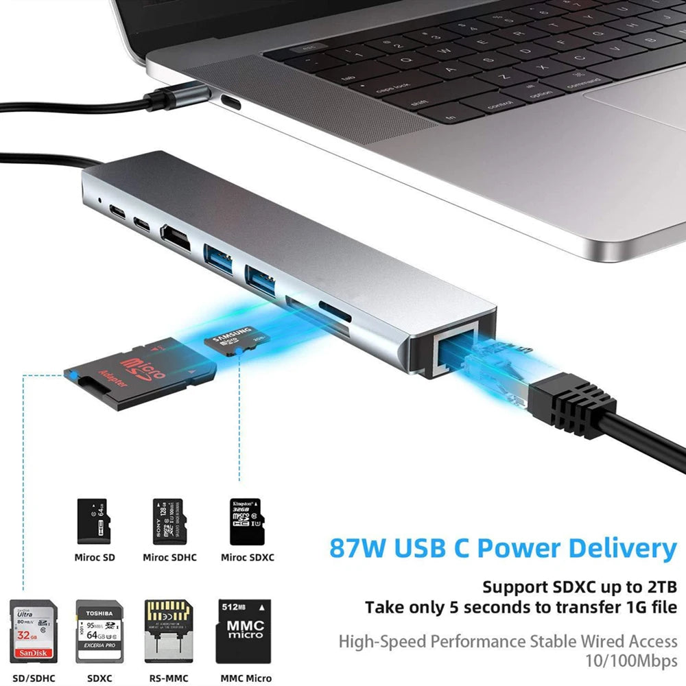 8-in-1 USB-C Docking Station USB 3.0 PD Hub With Charging Ethernet HDMI 4K TF/SD Card Reader for MacBook and Other Devices