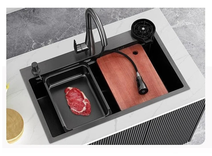 Handmade Modern Design  Single Bowl Kitchen Sink Rectangular Stainless Steel Nano Black Sink for Kitchen Use