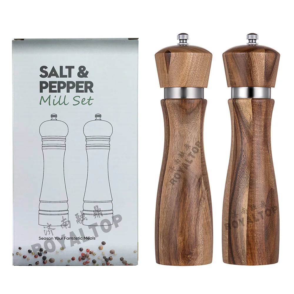 Stock Kitchen Spice Seasoning Mills 8-inch Manual Acacia Wood Salt and Pepper Grinder Wooden Set of 2 with Colour Box