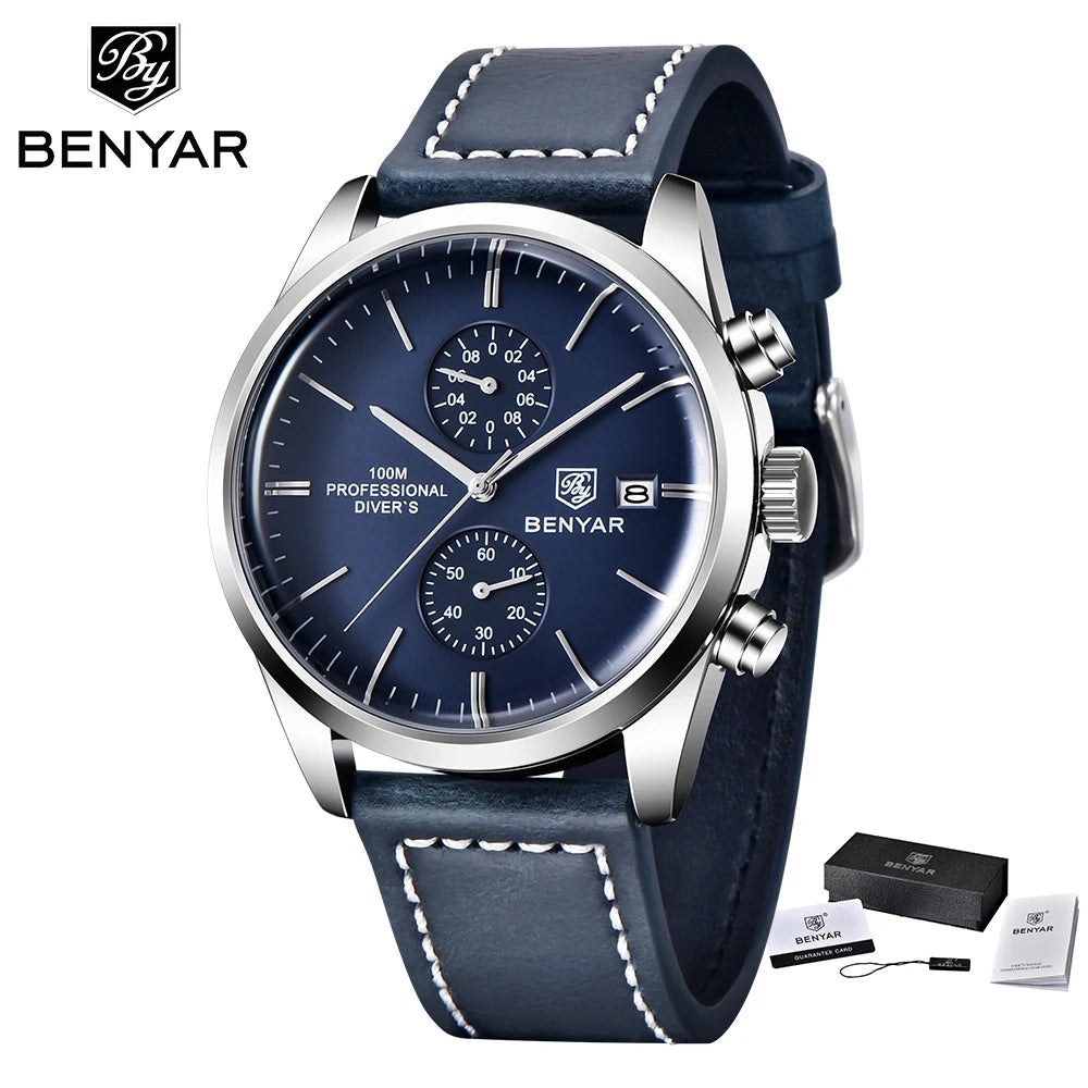 2024 New BENYAR Leather Men Quartz Wristwatches Luxury Brand 100M Waterproof Men Watch Military Sports Chronograph Watch for Men