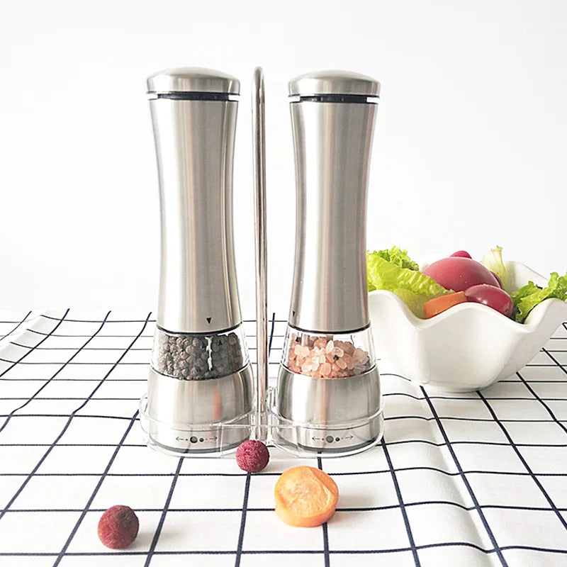 Premium Electric Salt Shaker Stainless Steel Pepper Mills Battery Operated Salt and Pepper Grinder Set for Kitchen