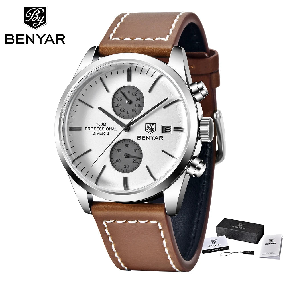 2024 New BENYAR Leather Men Quartz Wristwatches Luxury Brand 100M Waterproof Men Watch Military Sports Chronograph Watch for Men