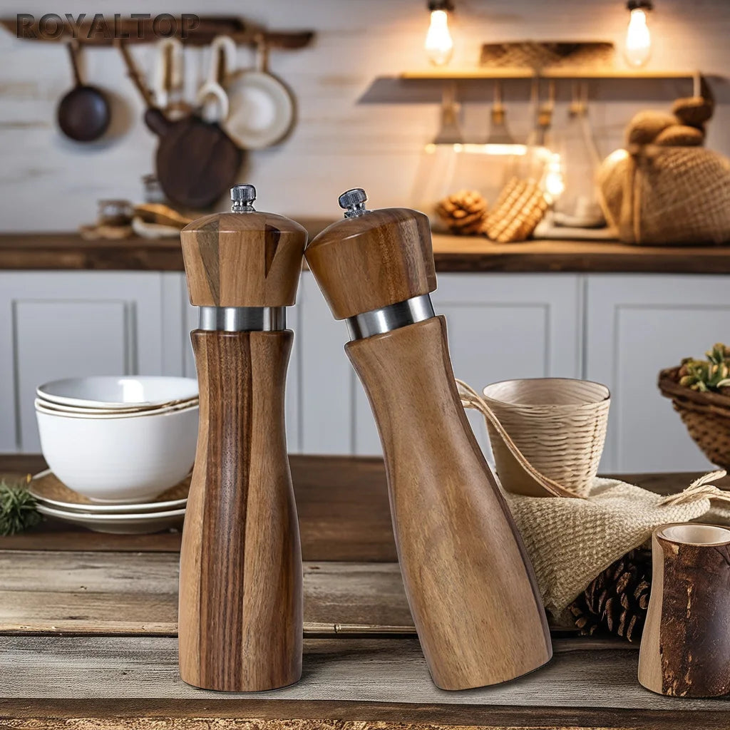 Stock Kitchen Spice Seasoning Mills 8-inch Manual Acacia Wood Salt and Pepper Grinder Wooden Set of 2 with Colour Box