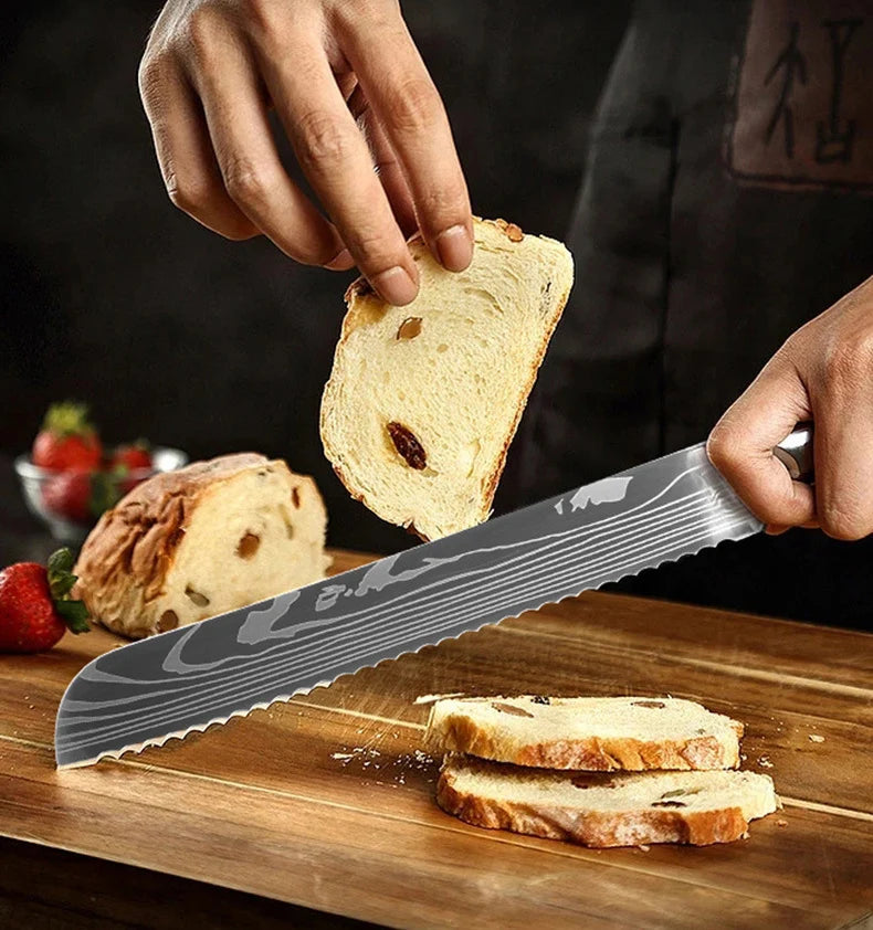 Stainless Steel Serrated Knife with Wood Pakkawood Handle for Baking Cutting Bread Meat Cake