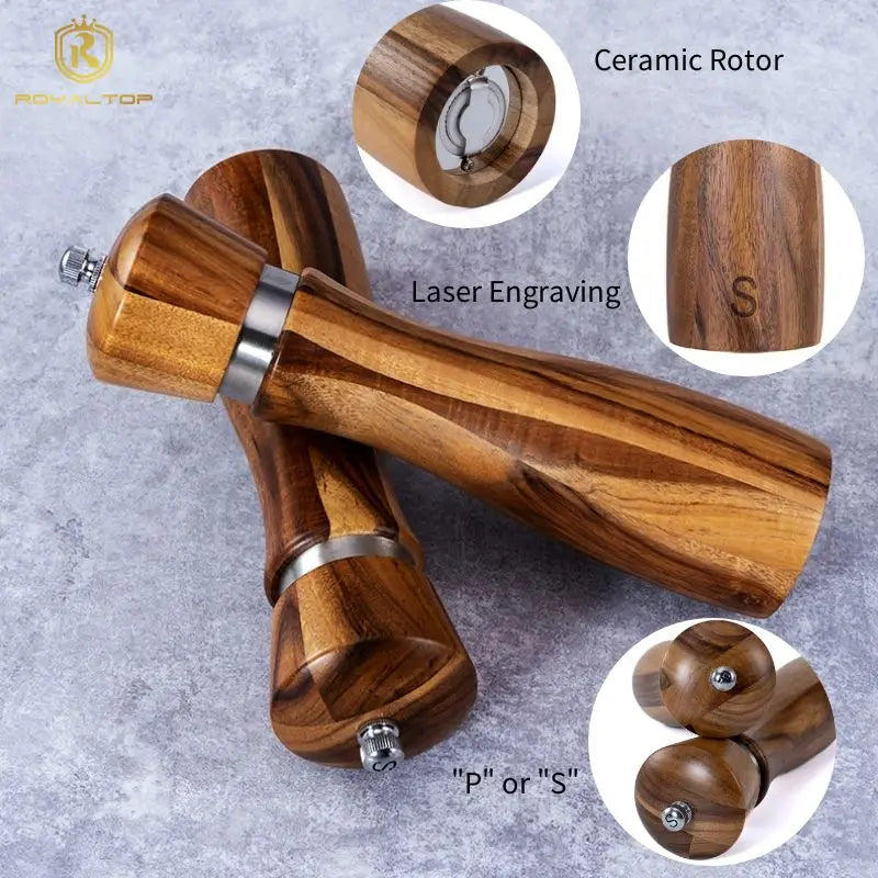 Stock Kitchen Spice Seasoning Mills 8-inch Manual Acacia Wood Salt and Pepper Grinder Wooden Set of 2 with Colour Box