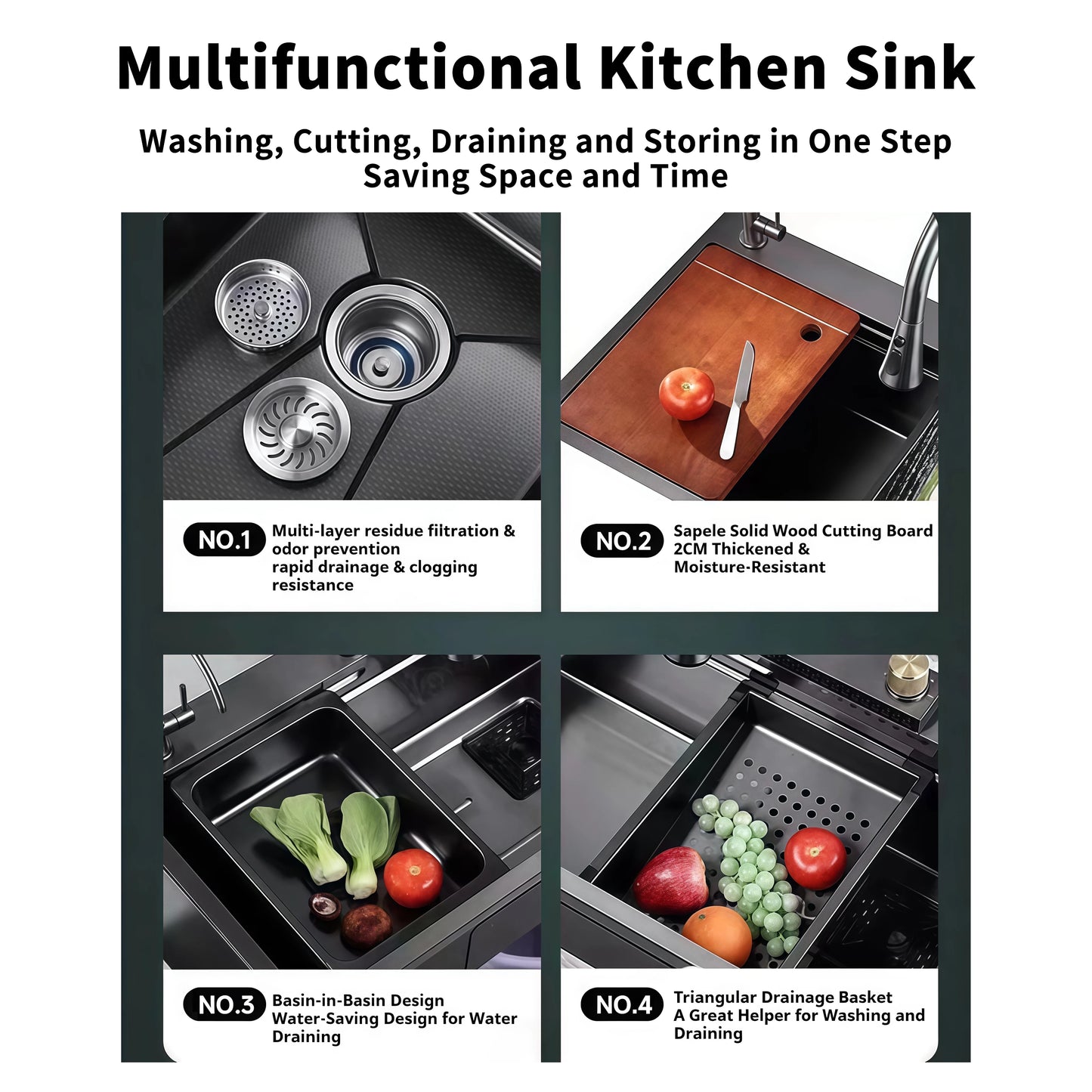 YITE Modern Square Single Bowl Flying Rain Waterfall High Pressure SPA Workstation Nano Surface Complete Kitchen Sink