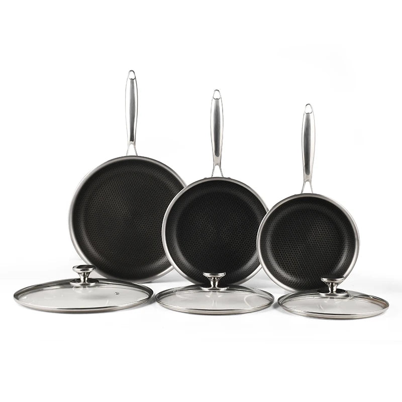 For  Hybrid 3-Pc Stainless Steel Cookware Set 3-Ply Honeycomb Non-Stick Kitchenware with Lids for Home Cooking