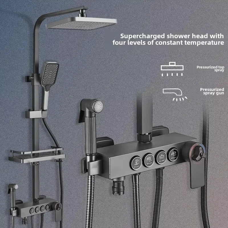 Brass Wall Mounted Black Gold Bath Faucet Set Concealed Hand Square Thermostatic LED Smart Bathroom Faucet Shower System Rain