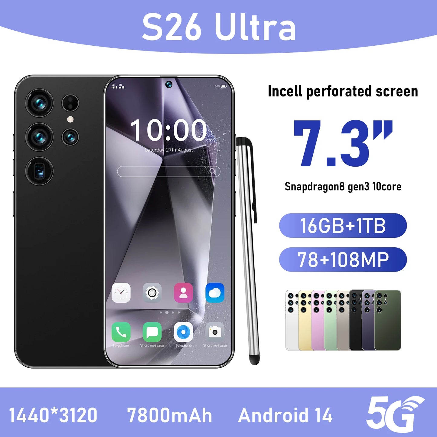 Hot S26 Ultra 5G Smartphone - Snapdragon8gen3 16GB+1TB 7800mAh Face + Fingerprint