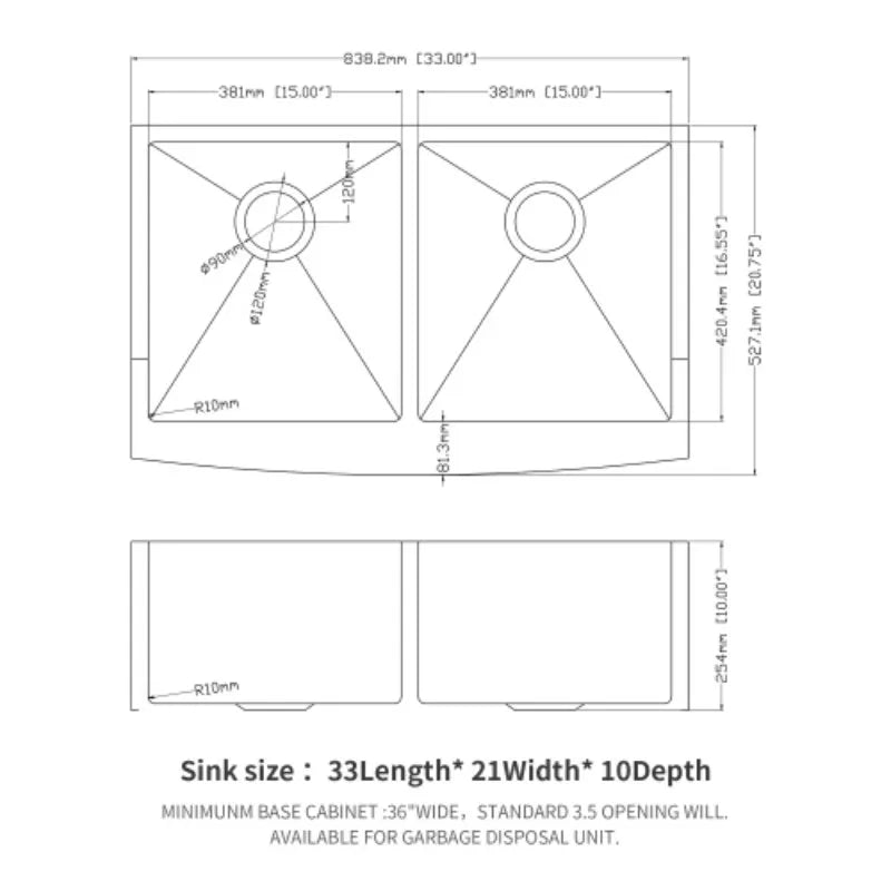 Luxury 33"x21"x10" 304 Stainless Steel Double Bowl Farmhouse Kitchen 10\" Deep Basin Waterfall Supplier Standing Single Bowl