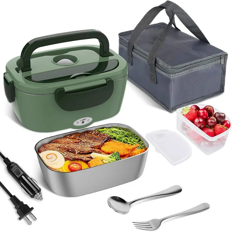 Portable Army Green Electric Lunch Box Stainless Steel Inner Pot Food-Grade PP Auto Feature for School Household Car Kids Dining