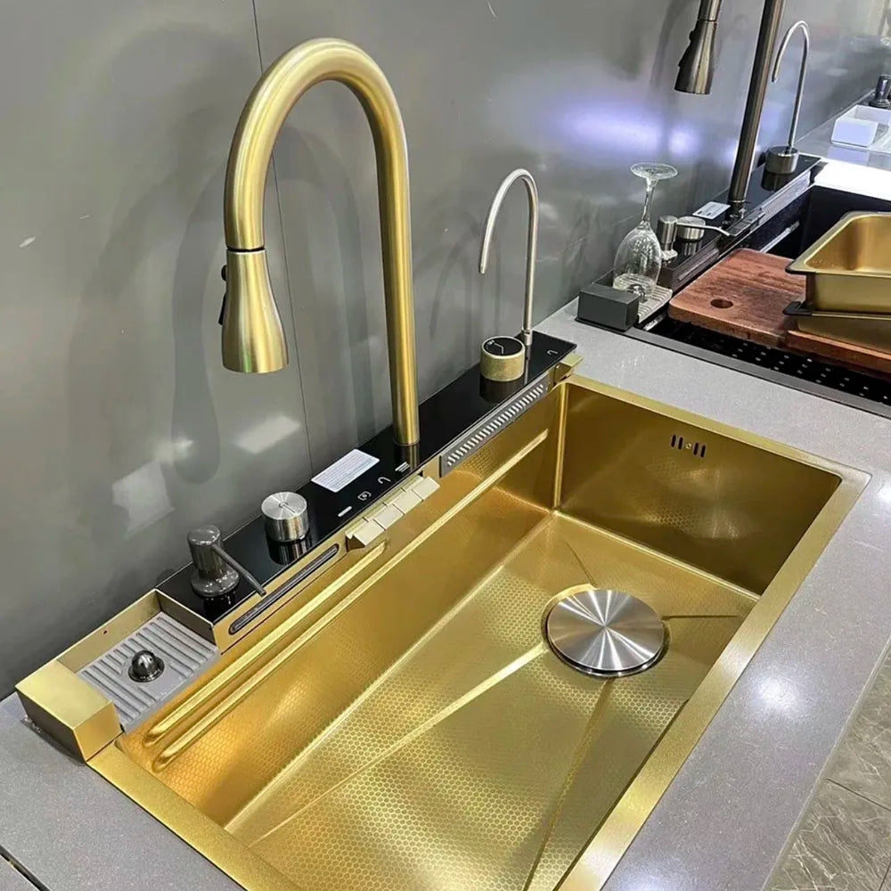 Gold SUS Smart Kitchen Sink Nano Stainless Steel Hand Made Kitchen Sink Waterfall Kitchen Sink With Digital Display