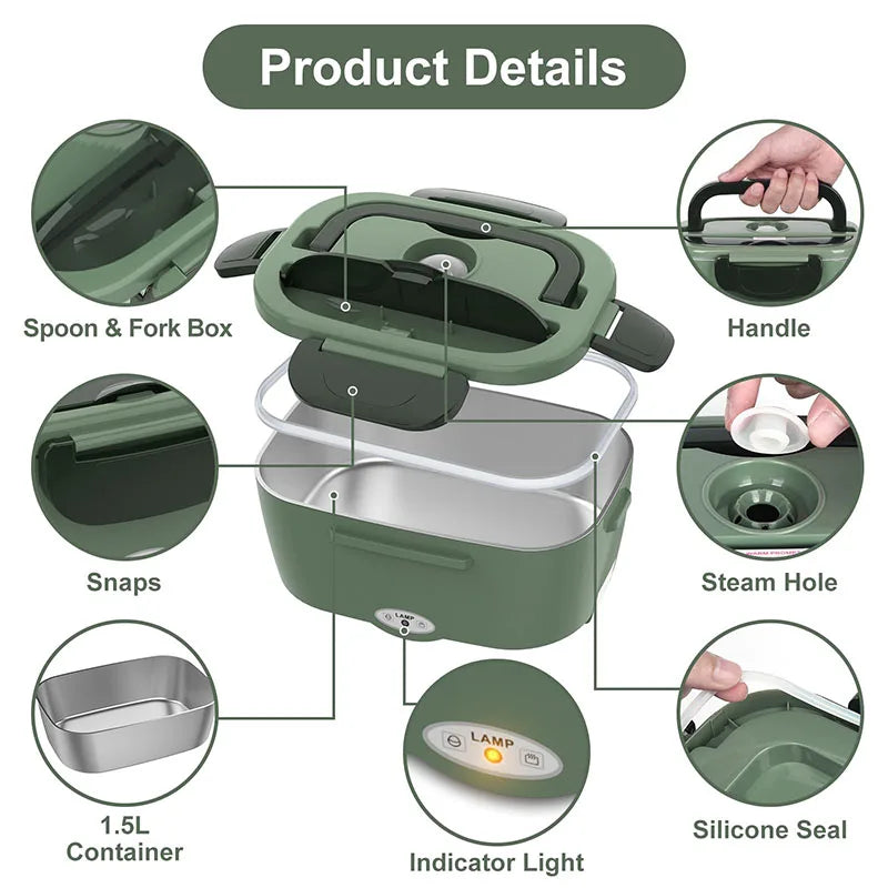 Portable Army Green Electric Lunch Box Stainless Steel Inner Pot Food-Grade PP Auto Feature for School Household Car Kids Dining