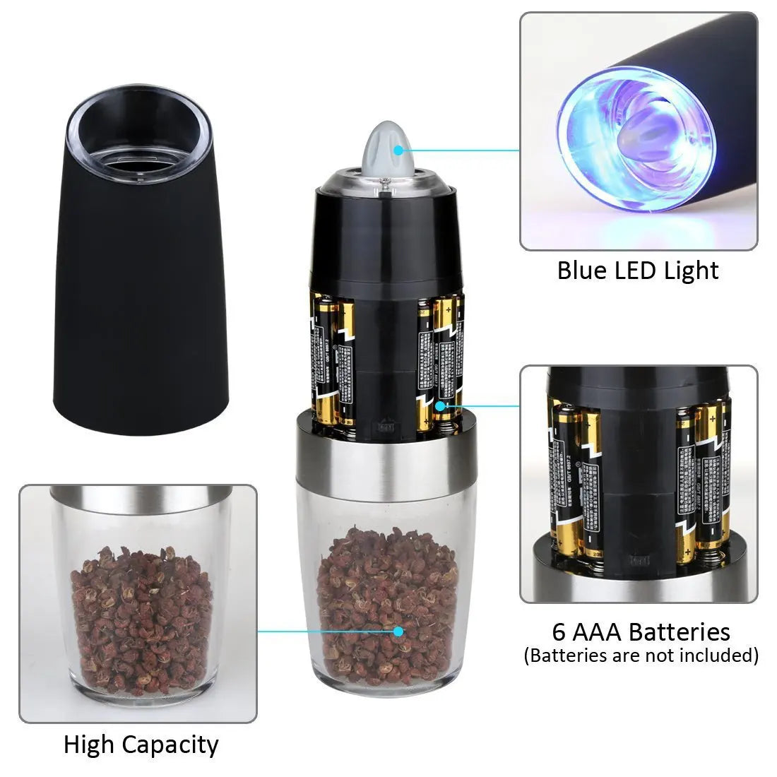 Electric Gravity Salt and Pepper Grinder Set Spice Jar Rechargeable Black Pepper Mill Grinder with Blue Light and Stand