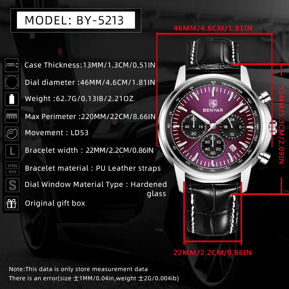 2025 New BENYAR Men's Watches Top Luxury Quartz Wristwatches Chronograph Watch For Man Waterproof Leather Sports Men Gift Clock