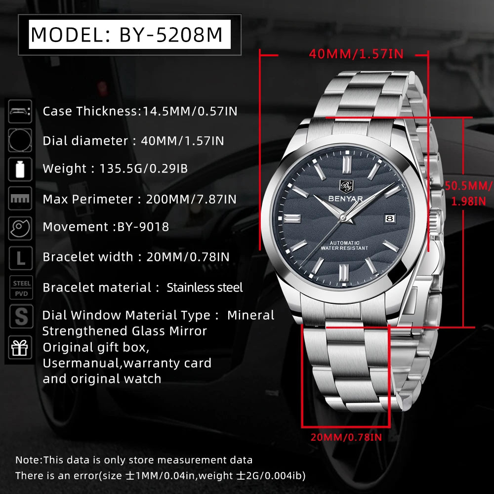 BENYAR 2024 Sand Dia 40MM Hot Sale Mechanical Watches 316L Stainless Steel Simple 5Bar Waterproof Automatic Wristwatch for Men 