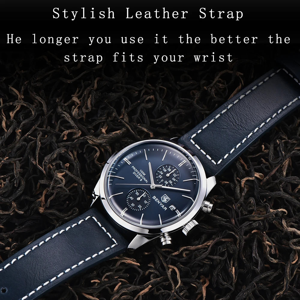 2024 New BENYAR Leather Men Quartz Wristwatches Luxury Brand 100M Waterproof Men Watch Military Sports Chronograph Watch for Men