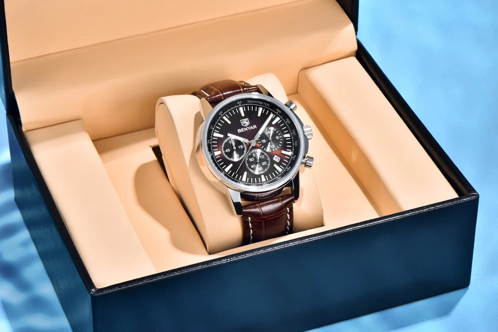 2025 New BENYAR Men's Watches Top Luxury Quartz Wristwatches Chronograph Watch For Man Waterproof Leather Sports Men Gift Clock