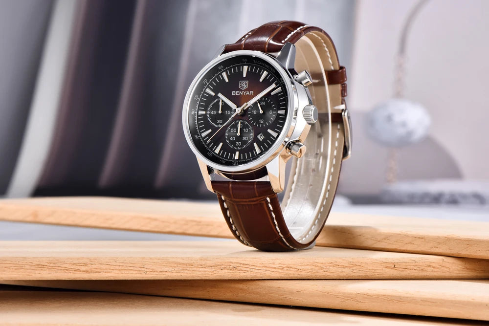 2025 New BENYAR Men's Watches Top Luxury Quartz Wristwatches Chronograph Watch For Man Waterproof Leather Sports Men Gift Clock
