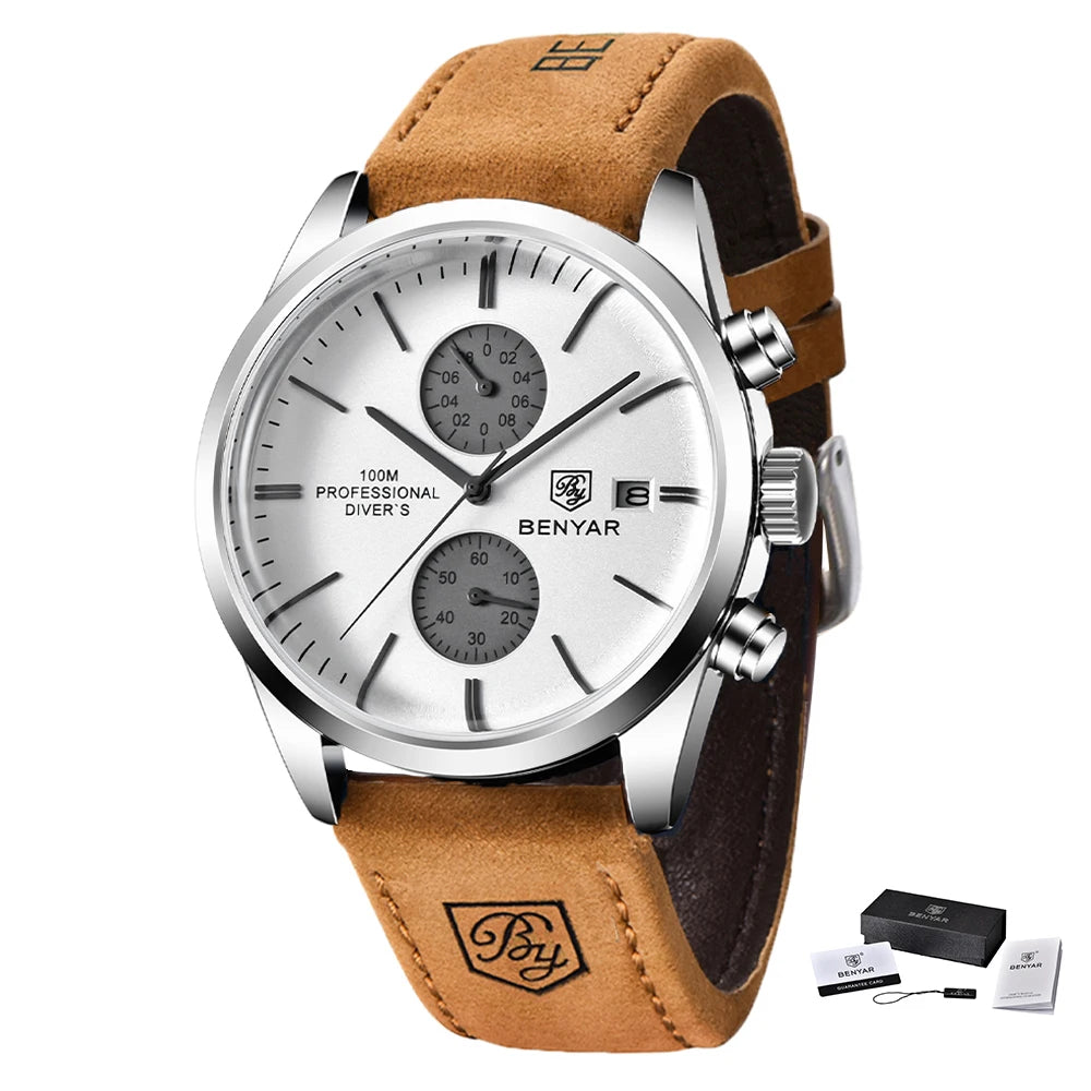 2024 New BENYAR Leather Men Quartz Wristwatches Luxury Brand 100M Waterproof Men Watch Military Sports Chronograph Watch for Men