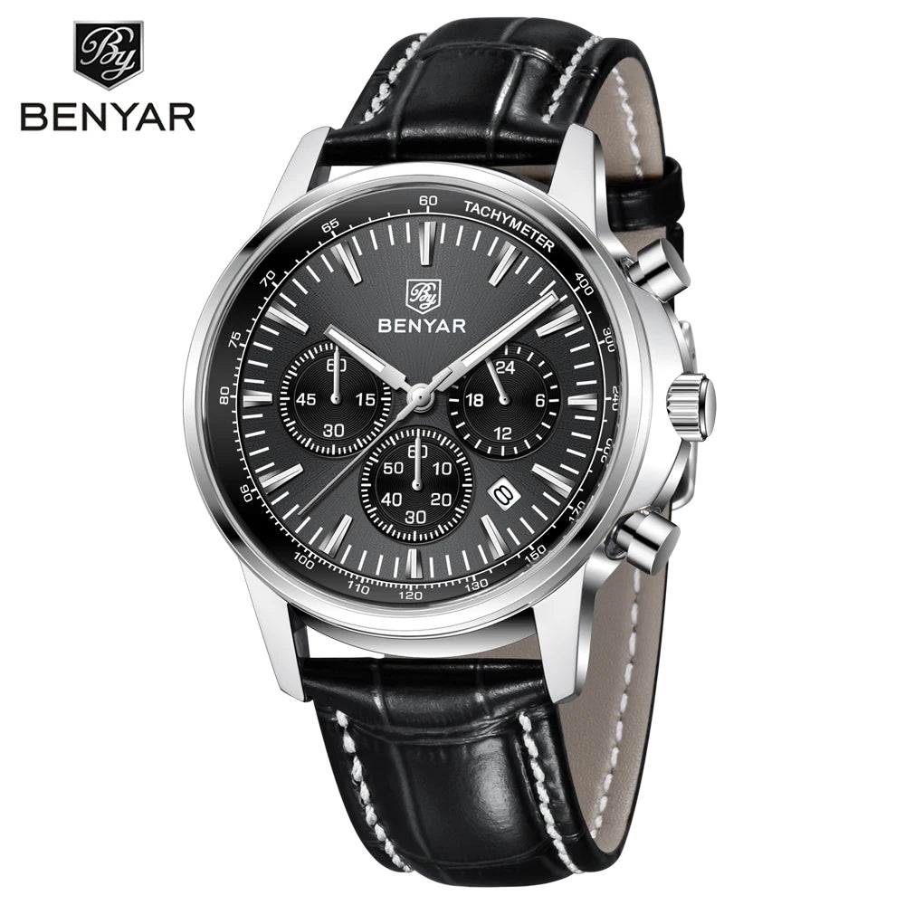 2025 New BENYAR Men's Watches Top Luxury Quartz Wristwatches Chronograph Watch For Man Waterproof Leather Sports Men Gift Clock