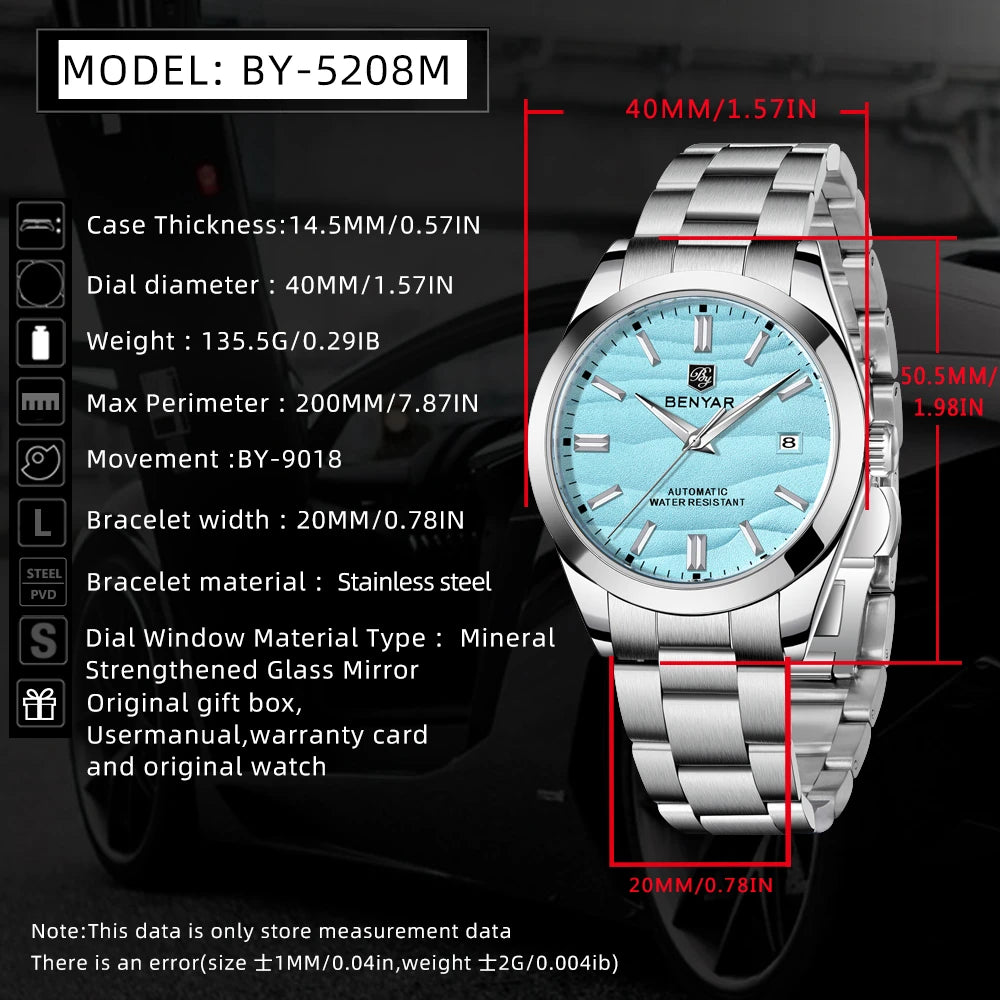 BENYAR 2024 Sand Dia 40MM Hot Sale Mechanical Watches 316L Stainless Steel Simple 5Bar Waterproof Automatic Wristwatch for Men 