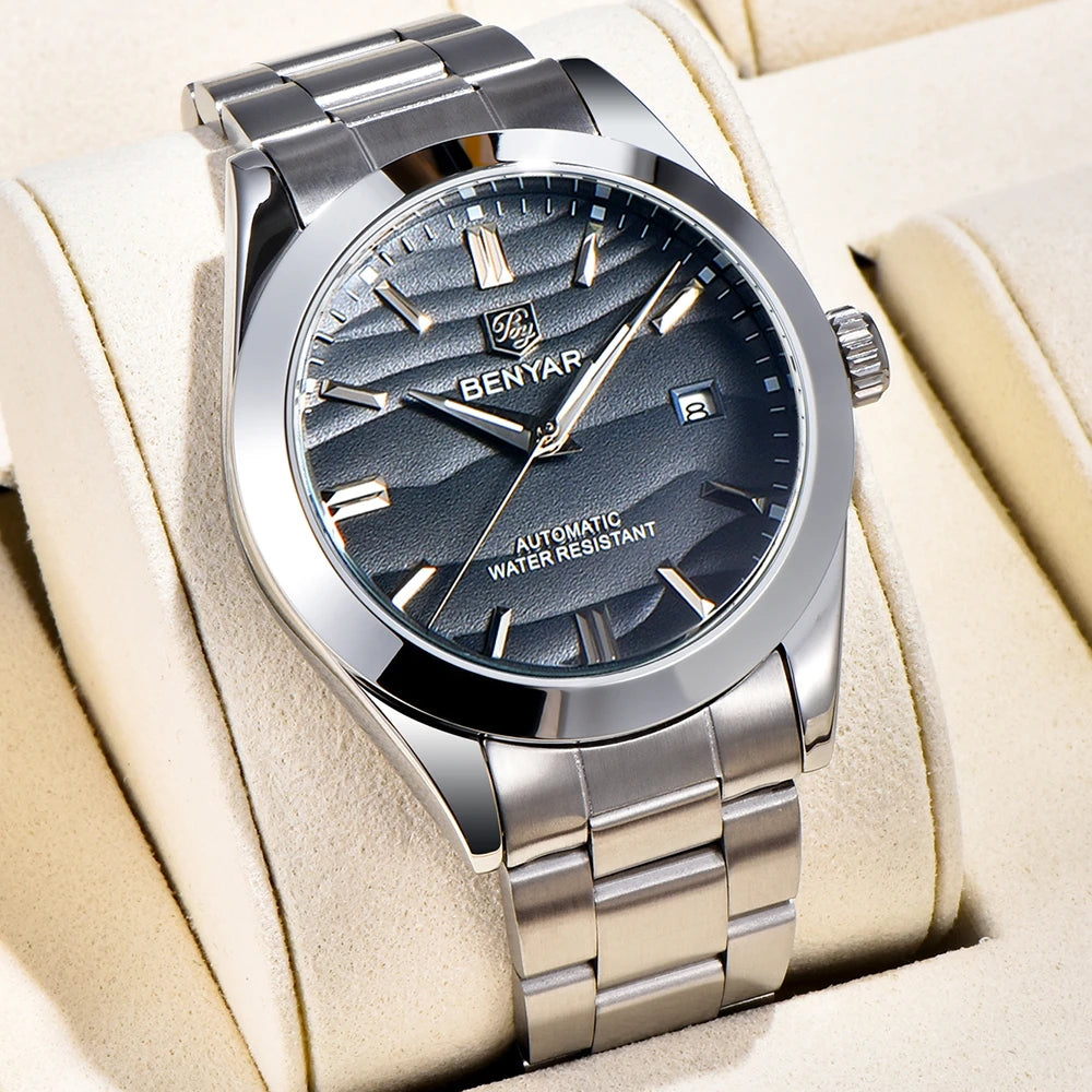 BENYAR 2024 Sand Dia 40MM Hot Sale Mechanical Watches 316L Stainless Steel Simple 5Bar Waterproof Automatic Wristwatch for Men 