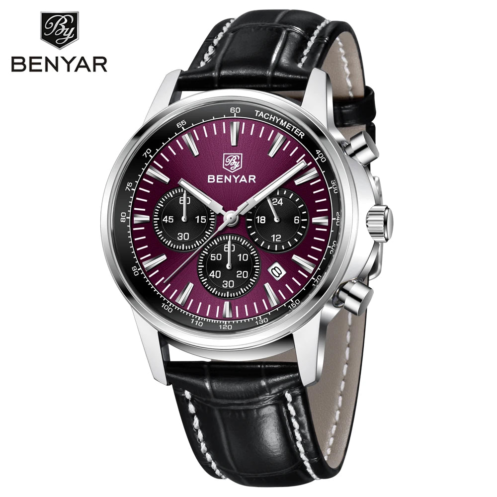 2025 New BENYAR Men's Watches Top Luxury Quartz Wristwatches Chronograph Watch For Man Waterproof Leather Sports Men Gift Clock