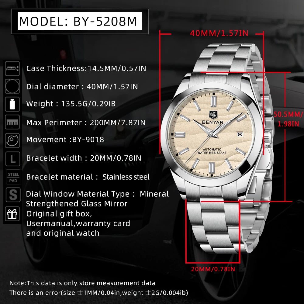BENYAR 2024 Sand Dia 40MM Hot Sale Mechanical Watches 316L Stainless Steel Simple 5Bar Waterproof Automatic Wristwatch for Men 