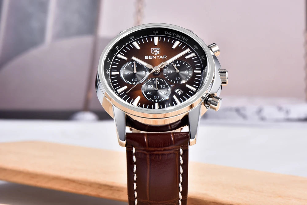 2025 New Men's Watch BENYAR Luxury Quartz Watches For Man Fashion Man Gifts Complete Calendar Top PU Leather Sport Watches Clock