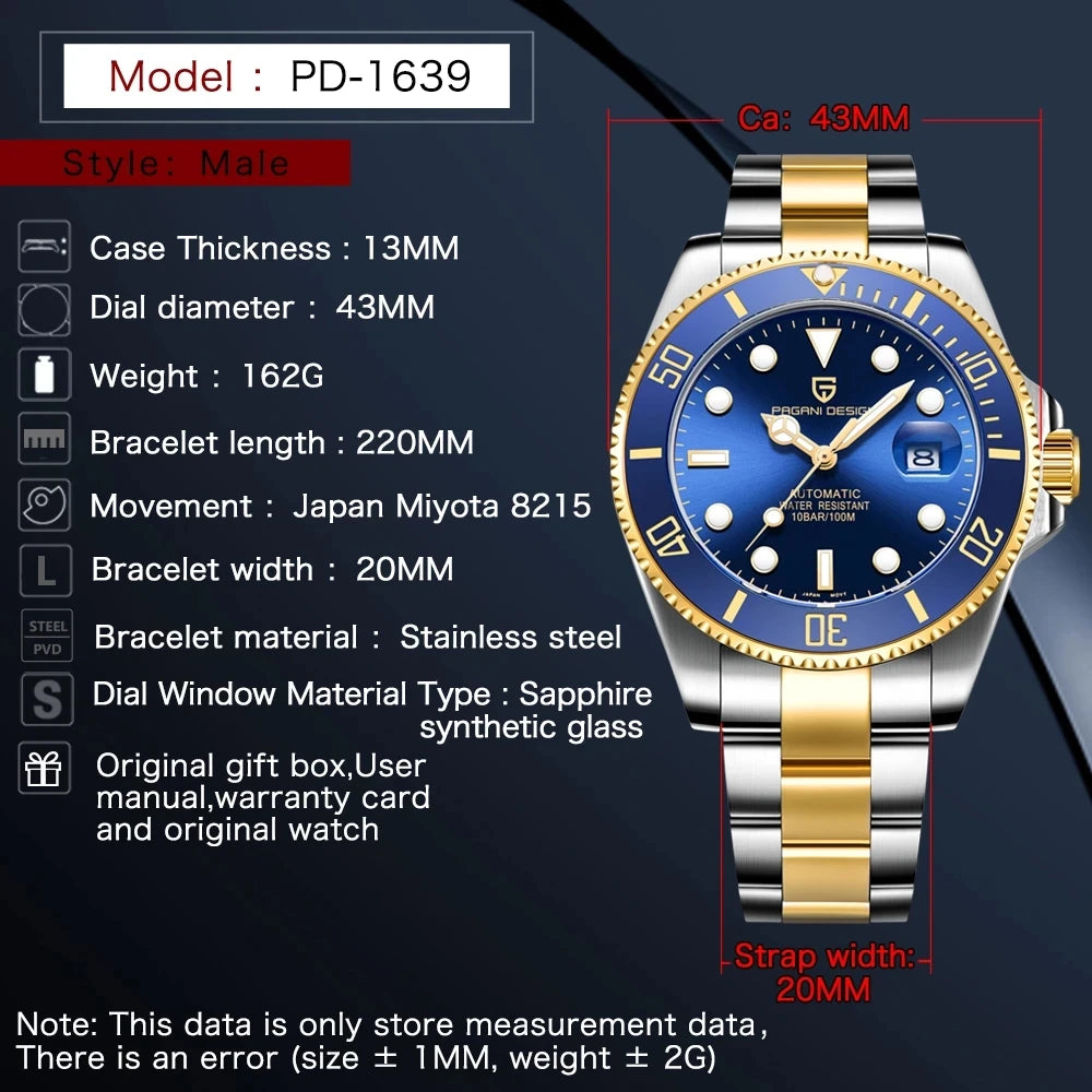 2024 New PAGANI DESIGN 43MM Men Mechanical Watches Luxury Ceramic Bezel 120 Clicks Automatic Watch 100M Waterproof Watch for Men