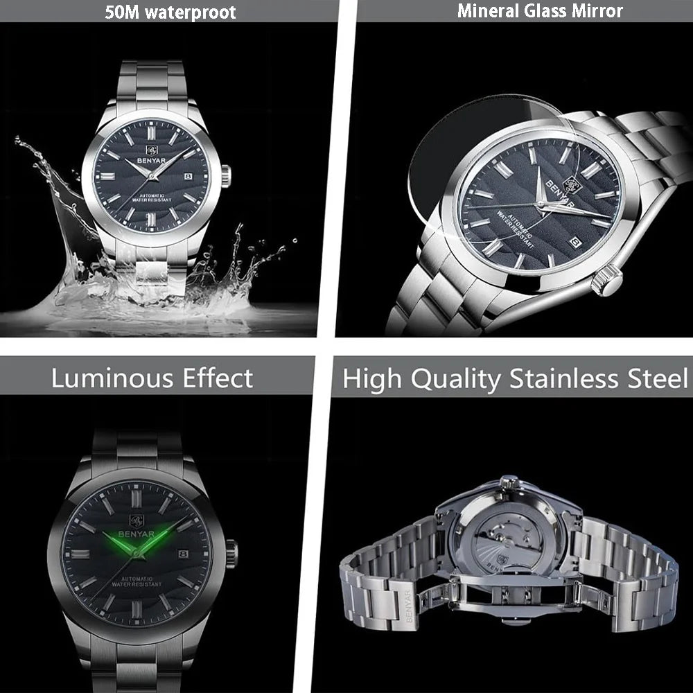 BENYAR 2024 Sand Dia 40MM Hot Sale Mechanical Watches 316L Stainless Steel Simple 5Bar Waterproof Automatic Wristwatch for Men 
