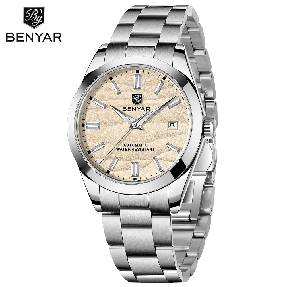 BENYAR 2024 Sand Dia 40MM Hot Sale Mechanical Watches 316L Stainless Steel Simple 5Bar Waterproof Automatic Wristwatch for Men 