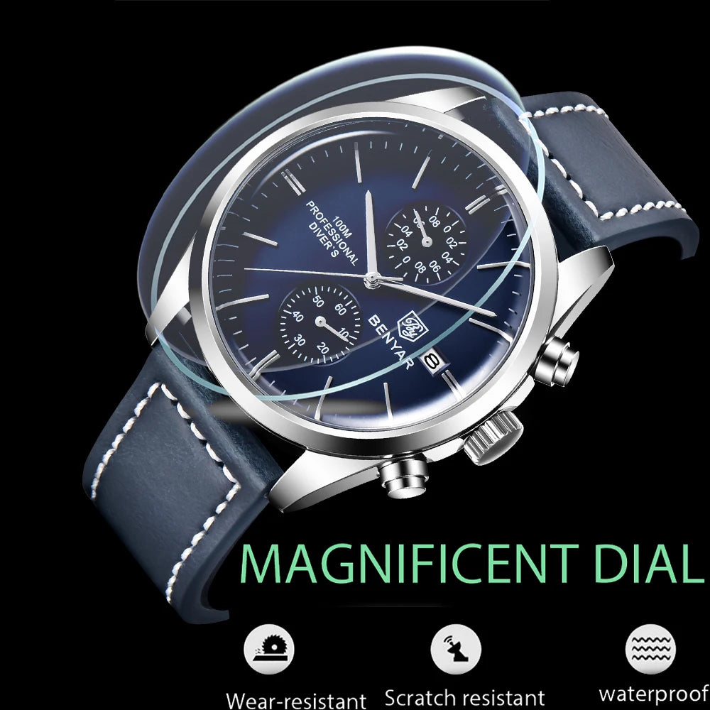 2024 New BENYAR Leather Men Quartz Wristwatches Luxury Brand 100M Waterproof Men Watch Military Sports Chronograph Watch for Men