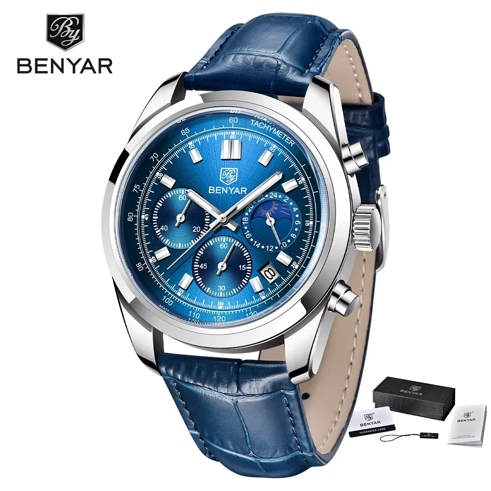 BENYAR New Men Watch 30ATM Waterproof Stainless Steel Quartz Wristwatches Luxury Leather Military Chronograph Watch reloj hombre