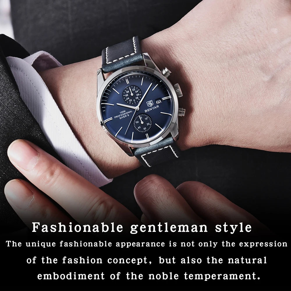 2024 New BENYAR Leather Men Quartz Wristwatches Luxury Brand 100M Waterproof Men Watch Military Sports Chronograph Watch for Men