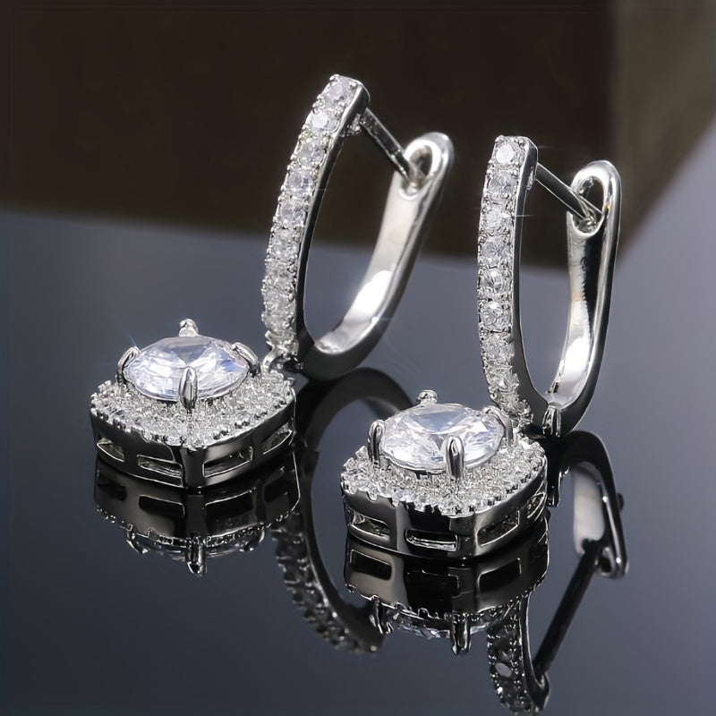 Sterling 925 Silver Ear Jewelry Square Shape Shiny zirconia Decor Dangle Earrings Luxury Style Banquet Party Ear Ornaments