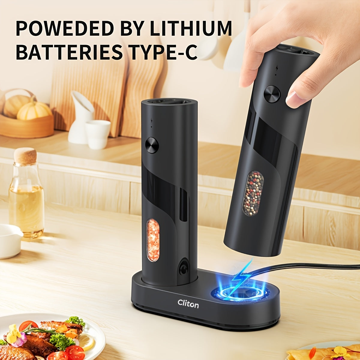 Moinho Elétrico de Sal e Pimenta USB com Luz LED