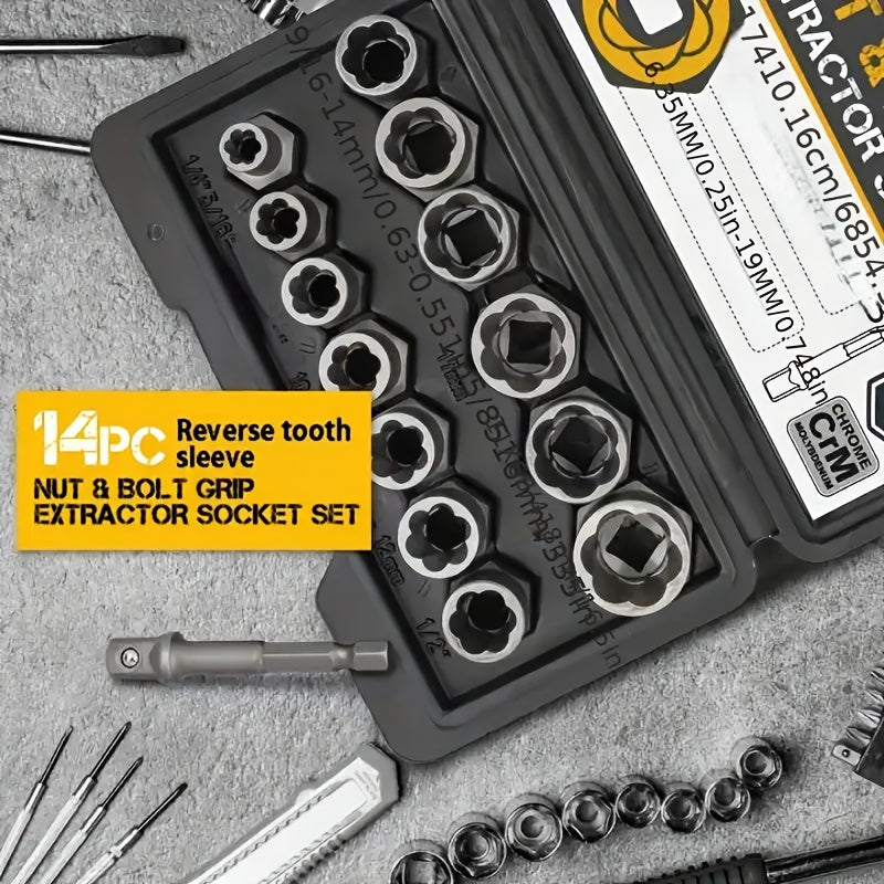 14pcs Damaged Lmpact Socket Set, Socket Set Nut And BoltExtractor Lmpact Bolt & Nut Remover-Chrome MolybdenumSteel Bolt Extractors With Storage Box