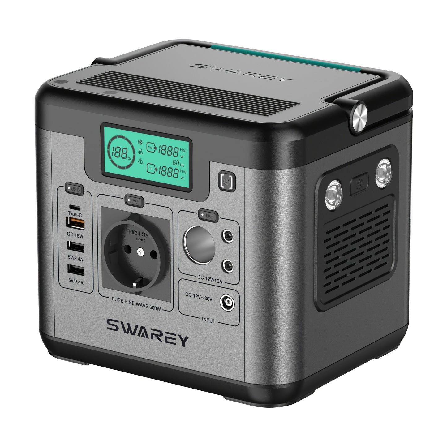 SWAREY Portable Power Bank, Power Station 518 Wh, Solar Generator 500 W AC Output, 65 W USB-C Port, Power Generator Battery for Party, Travel, Camping, Motorhome, Emergency