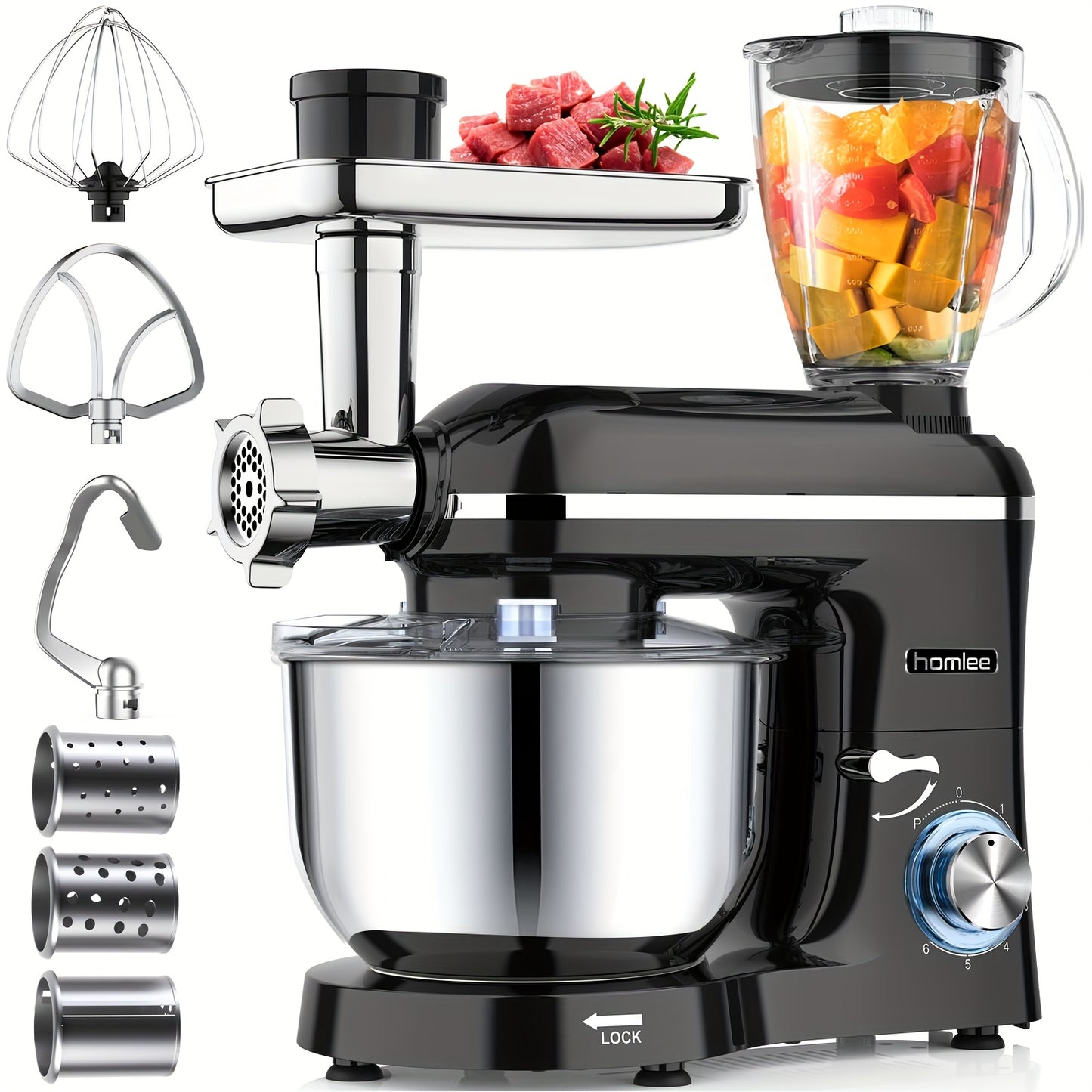 Homlee 6 in 1 Multifunctional Stand Mixer with 5.5L Stainless Steel Bowl, 2000W 6 Speed Tilt-Head Meat Grinder, Juice Blender with 1.5L Glass Jar, Multi-Functional Food Processor, Commercial Mixers for Most Home Cooks Beater