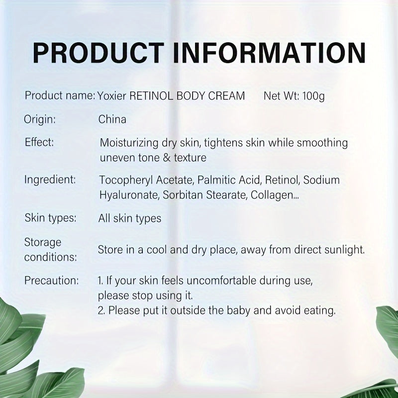 Yoxier Retinol Body Cream 100g - Hydrating & Firming with Collagen, Vitamin E & Hyaluronic Acid for All Skin Types
