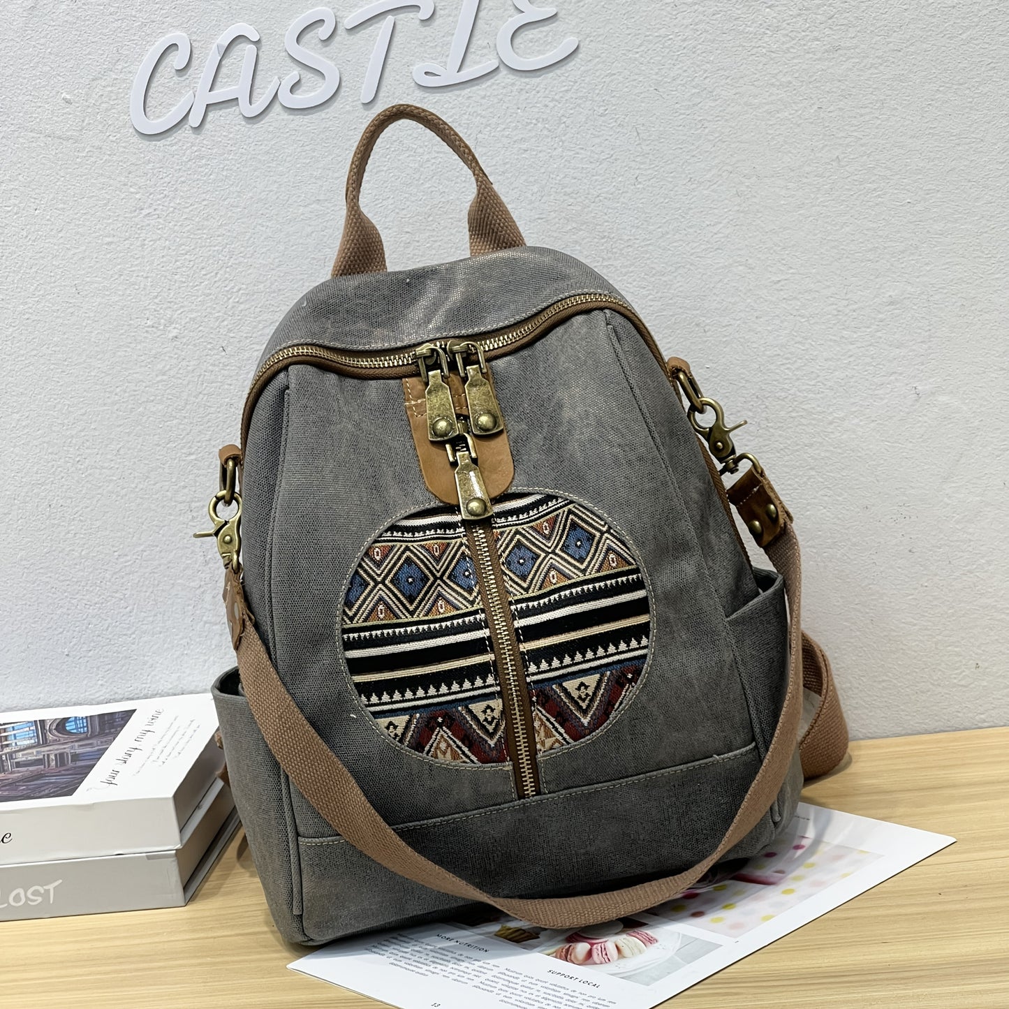 Bohemian Tribal Print Canvas Backpack with Adjustable Straps & Metal Hardware - Convertible Single/Double Shoulder Casual Daypack for Travel, School, Shopping - Zipper Closure & Polyester Lining, Backpack for Travel, Geometri