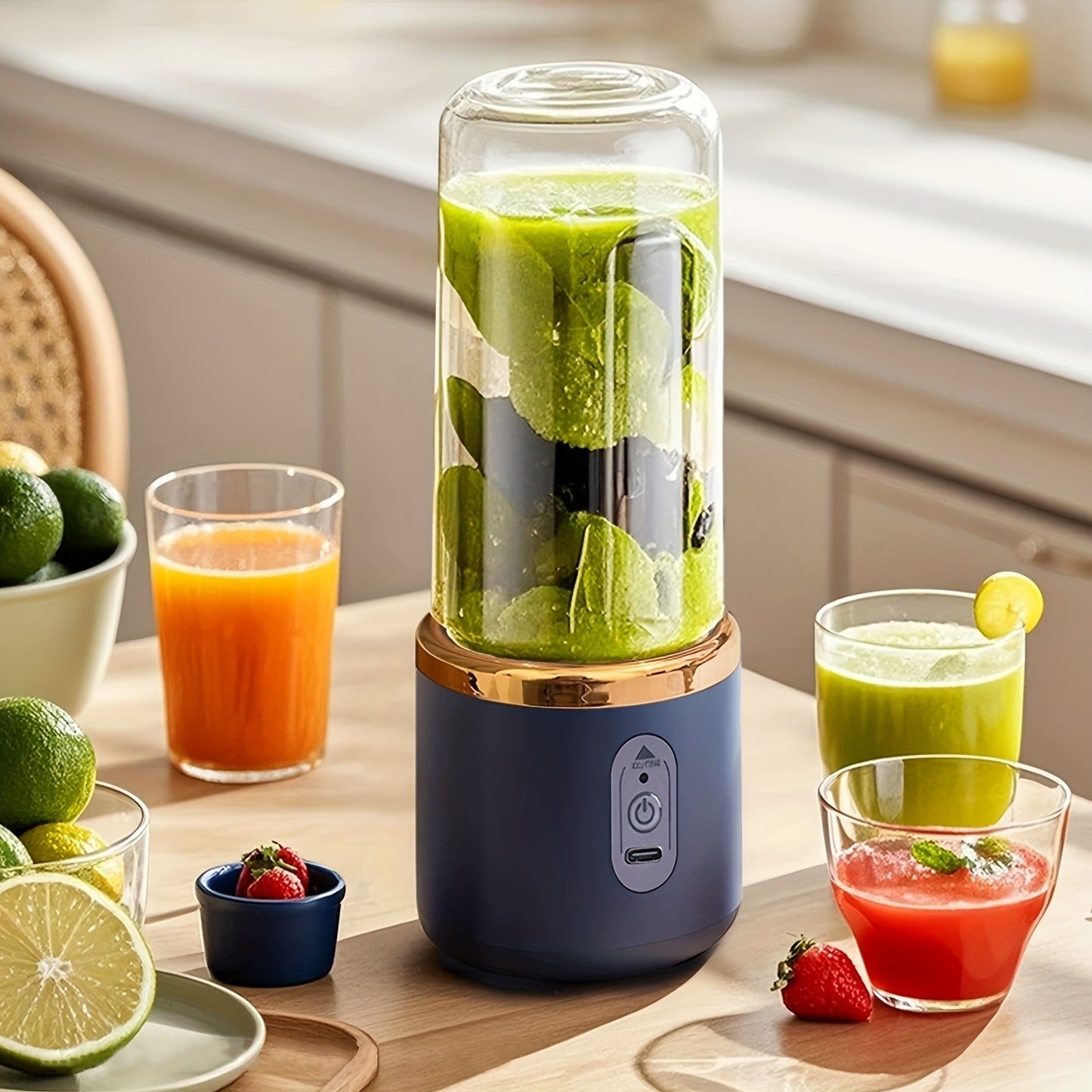 Portable Blender, Mini Smoothie and Shake Maker, USB Rechargeable Personal Mixer with 6 Blades for Fresh Juice, 430g Capacity, Stainless Steel Body, Round Shape, Ideal for Kitchen, Home, Travel - Blenders for Kitchen