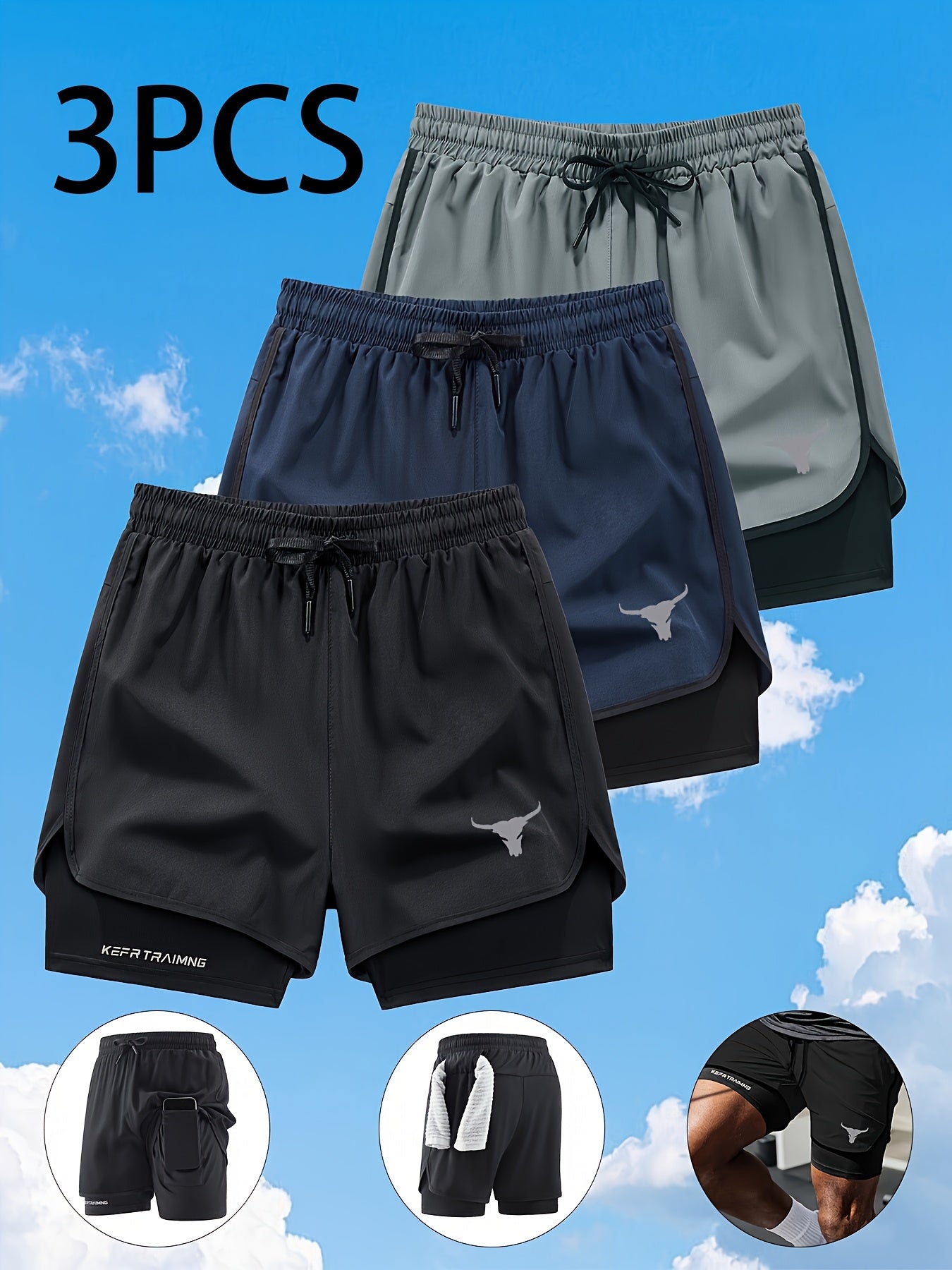 Zhiyu OBM 3pcs Men's Fitness Running Shorts, Elastic Waistband, Soft Lining, Towel Included, Perfect as a Gift